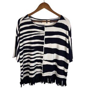 Chicos Womens Abstract Zebra Striped Oversized Top Size 1 M Fringe Hem Artsy